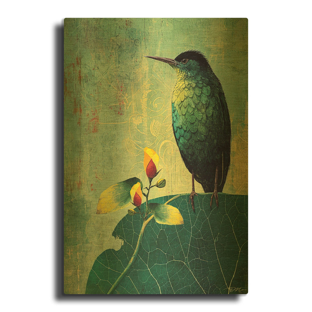 'Green Bird' By Momart Gold Metal Wall Art