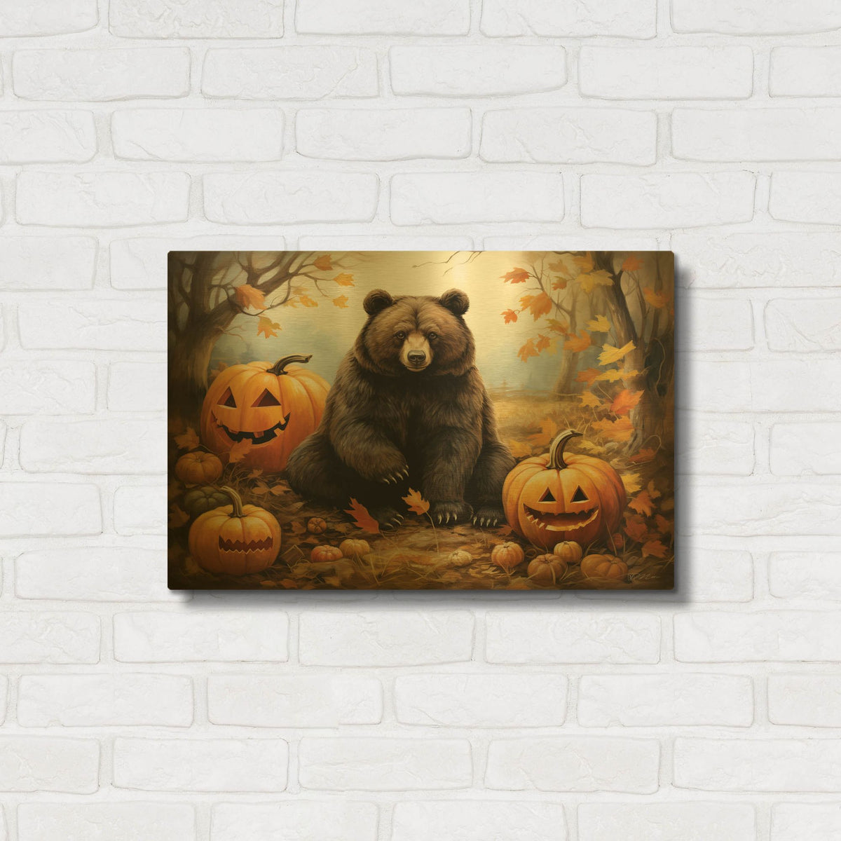 'Halloween Bear and Pumpkins' By Momart Gold Metal Wall Art