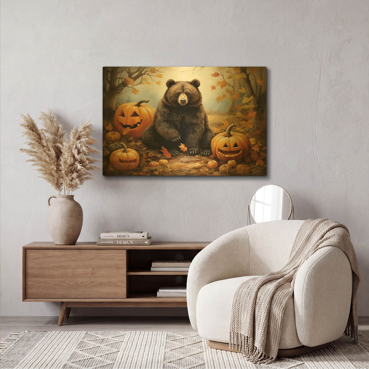 'Halloween Bear and Pumpkins' By Momart Gold Metal Wall Art