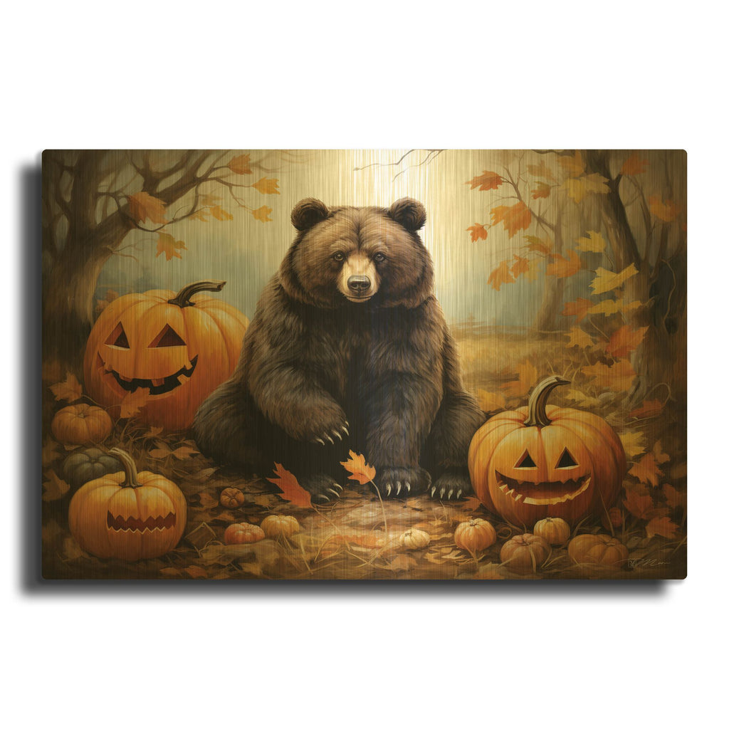 'Halloween Bear and Pumpkins' By Momart Gold Metal Wall Art