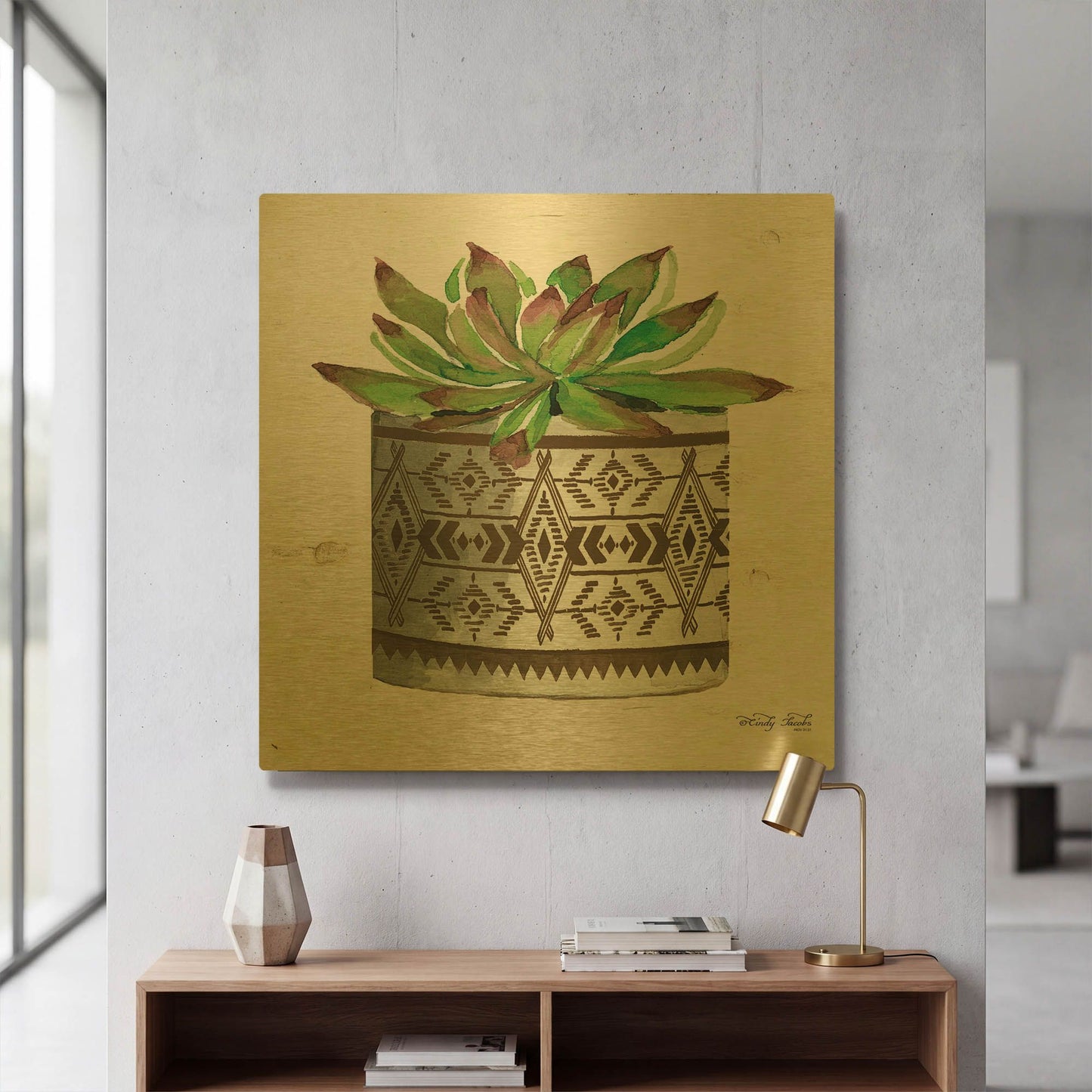 'Mud Cloth Vase VI' By Cindy Jacobs Gold Metal Wall Art