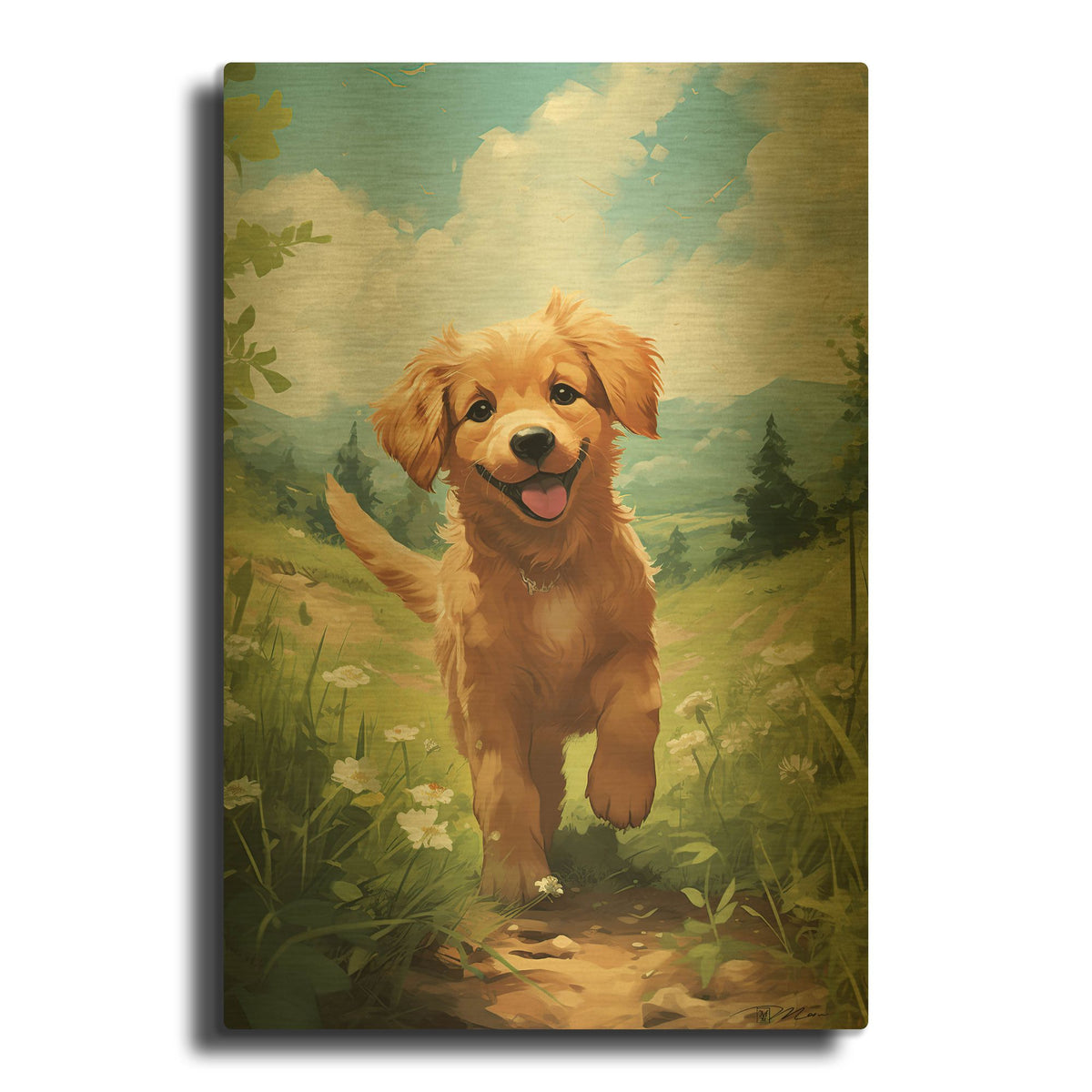 'Happy Puppy 2' By Momart Gold Metal Wall Art