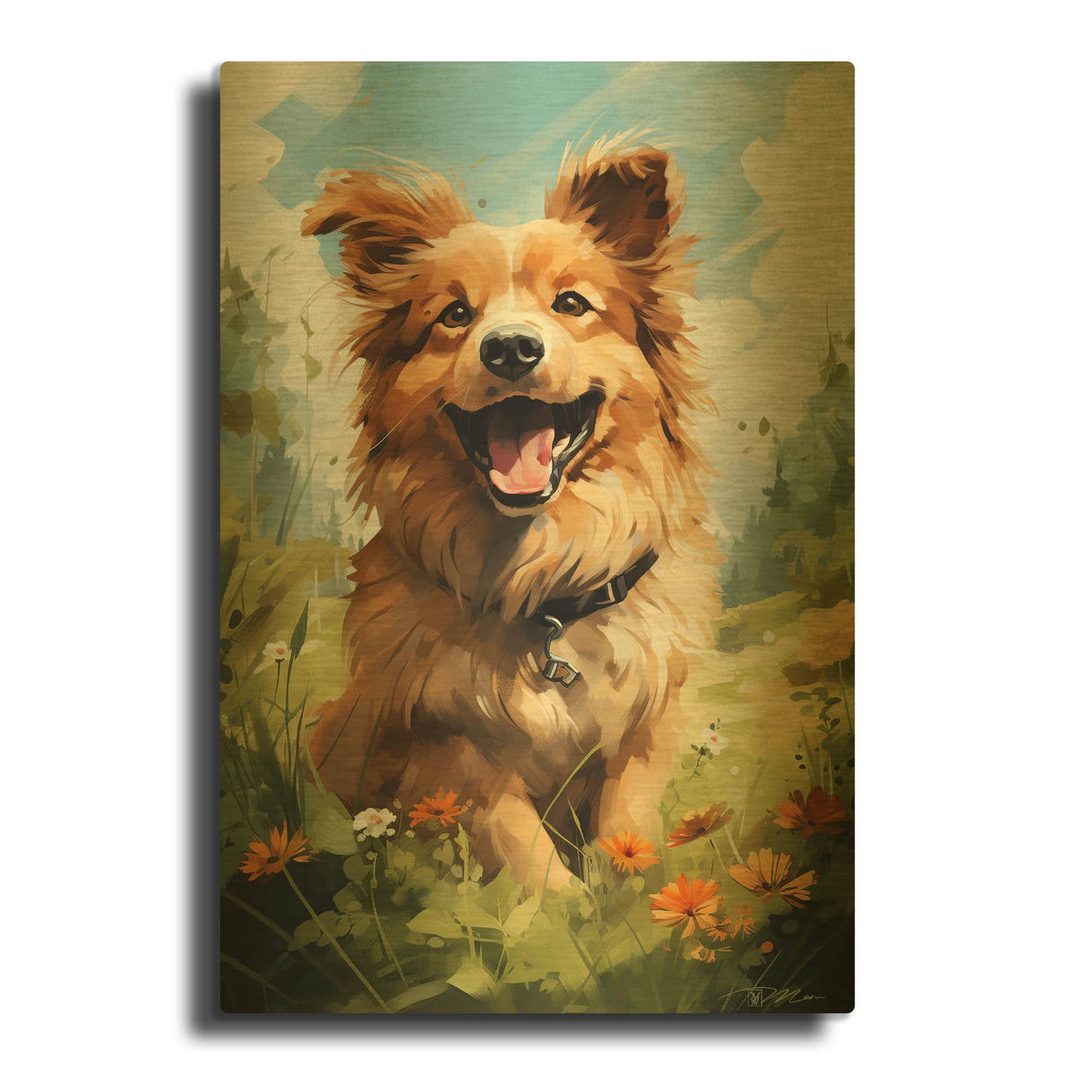 'Happy Puppy 4' By Momart Gold Metal Wall Art