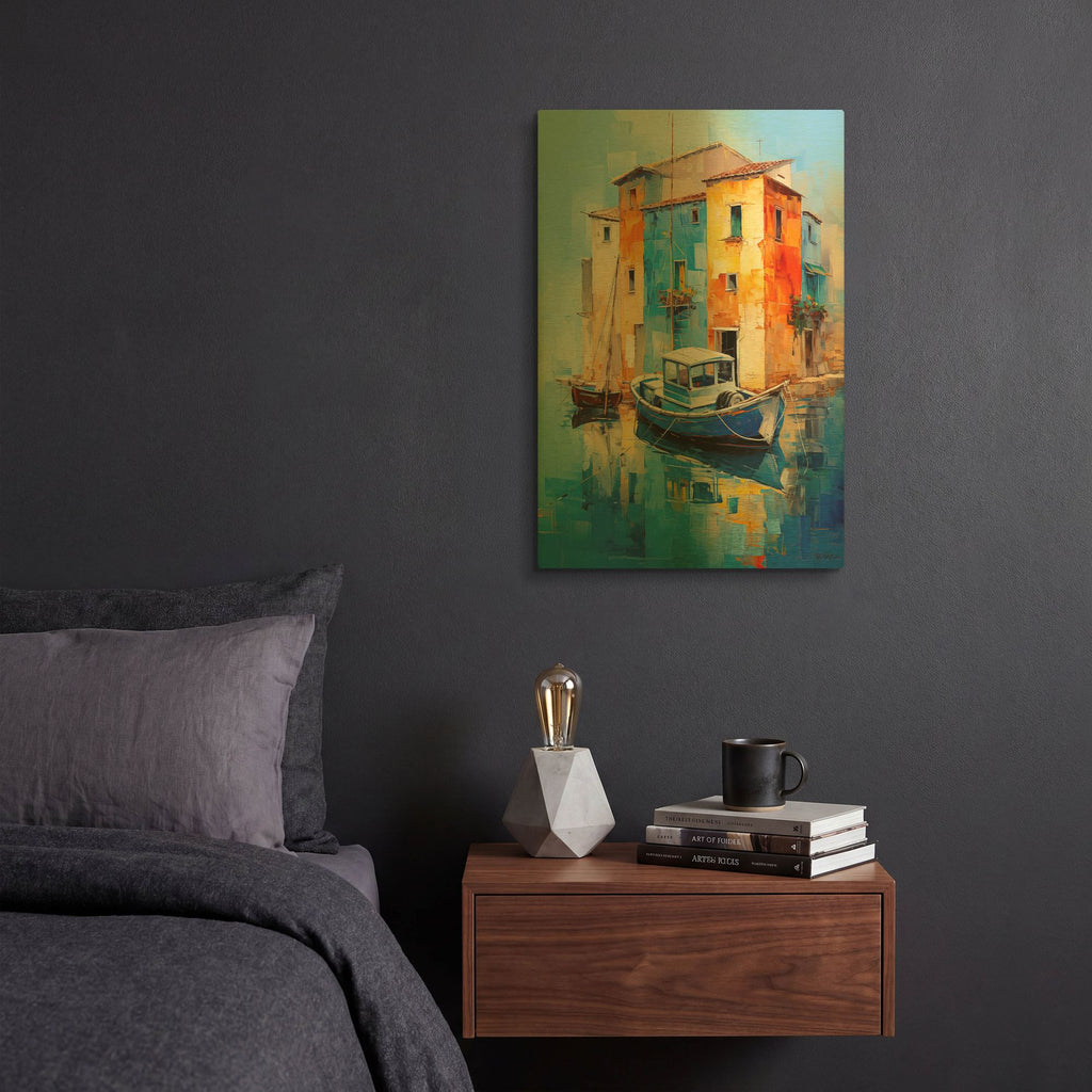 'House On The Water And Boat' By Momart Gold Metal Wall Art