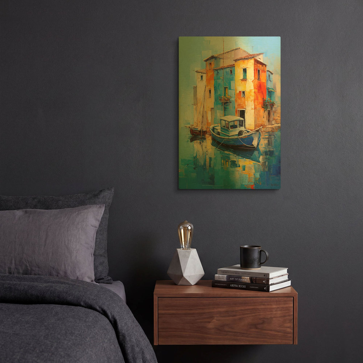 'House On The Water And Boat' By Momart Gold Metal Wall Art