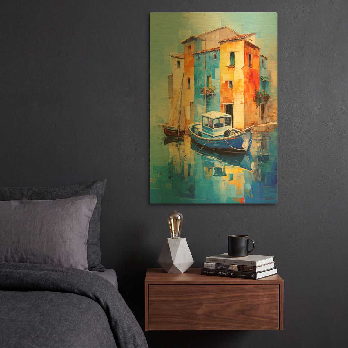 'House On The Water And Boat' By Momart Gold Metal Wall Art