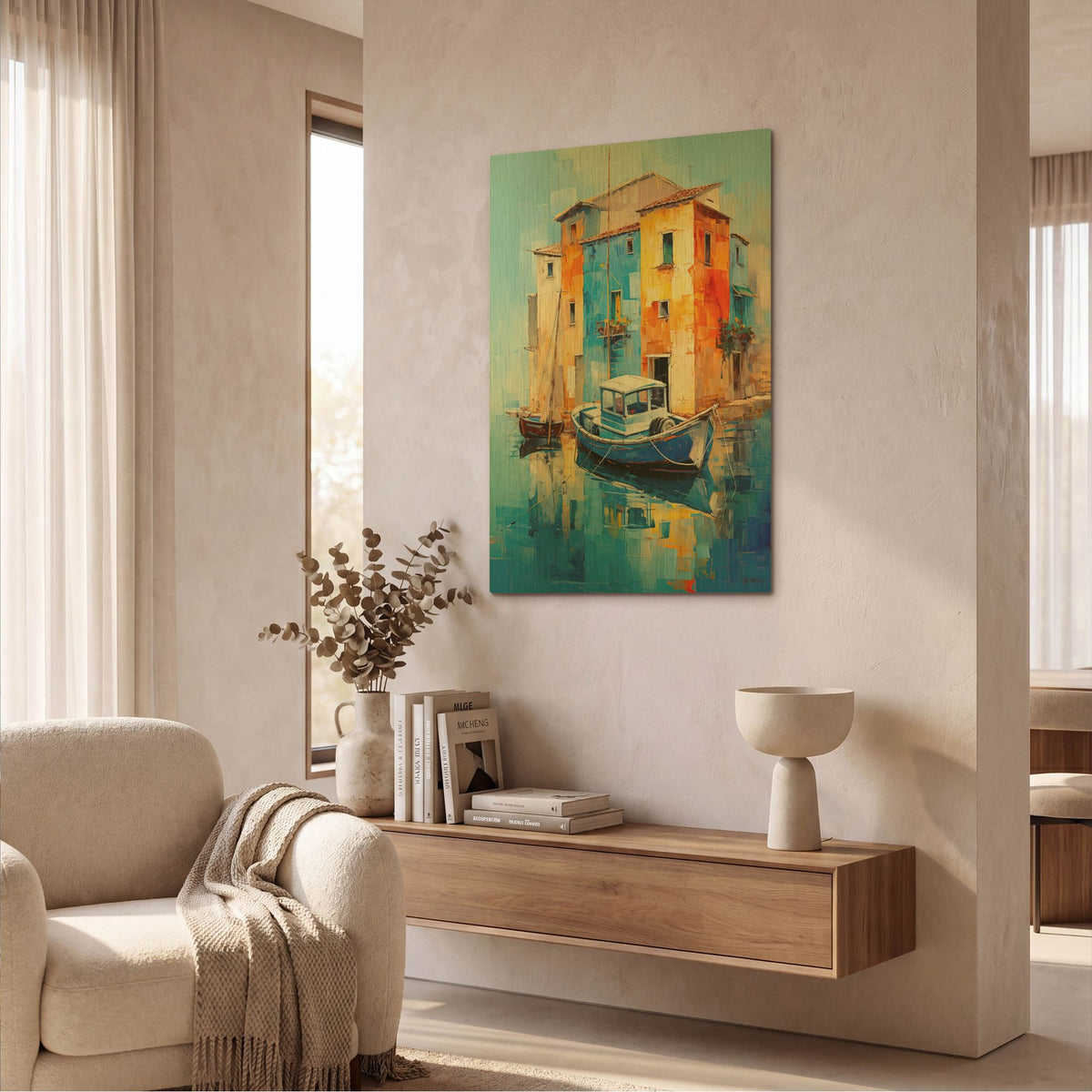 'House On The Water And Boat' By Momart Gold Metal Wall Art
