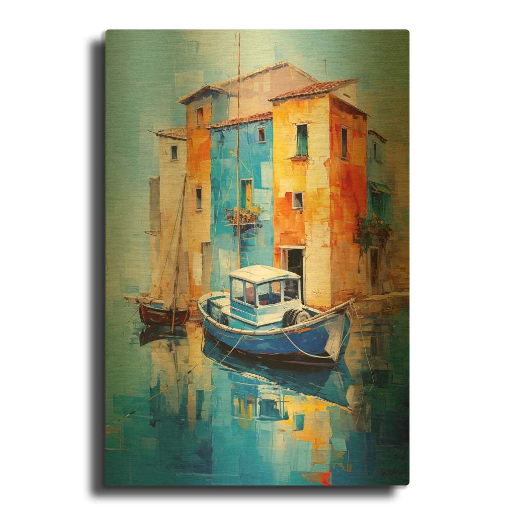 'House On The Water And Boat' By Momart Gold Metal Wall Art