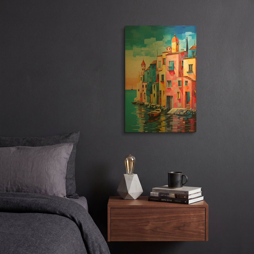 'Houses On The Sea' By Momart Gold Metal Wall Art
