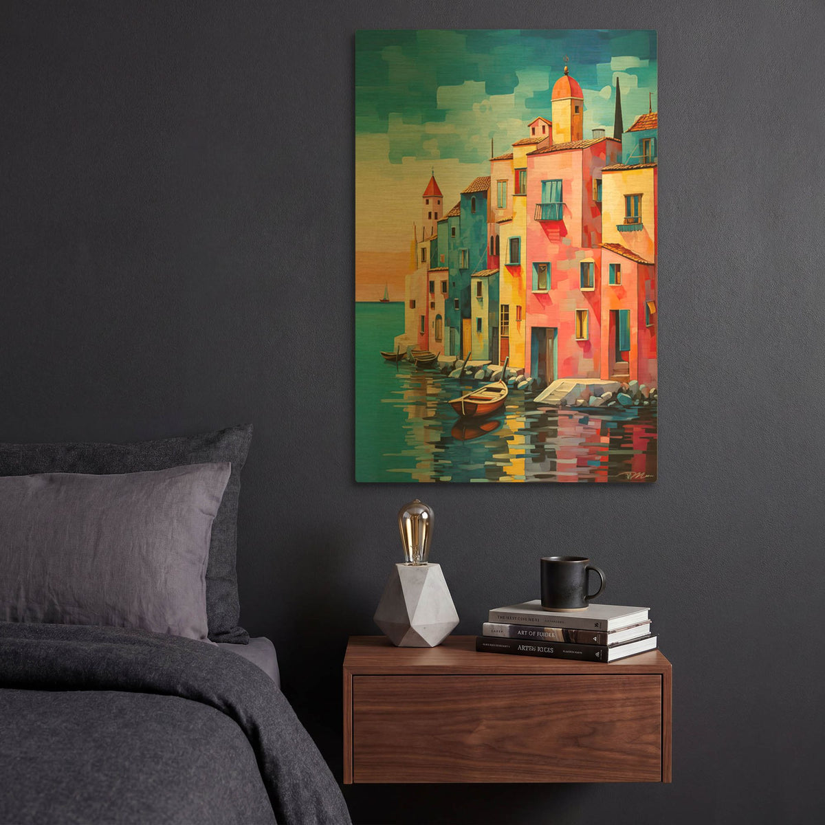 'Houses On The Sea' By Momart Gold Metal Wall Art