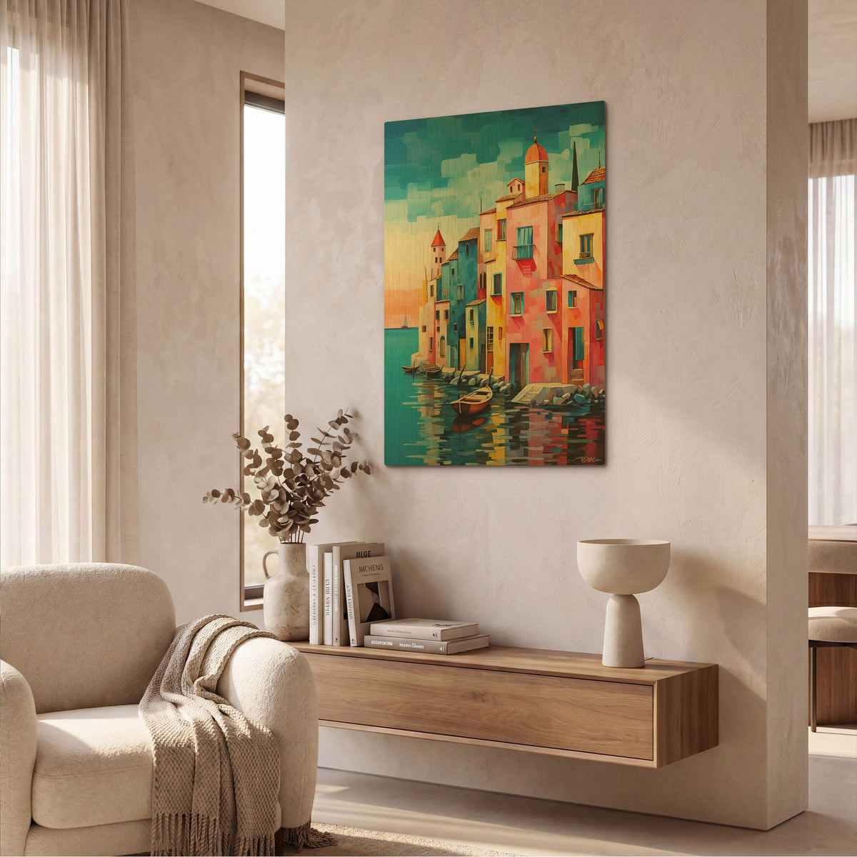'Houses On The Sea' By Momart Gold Metal Wall Art