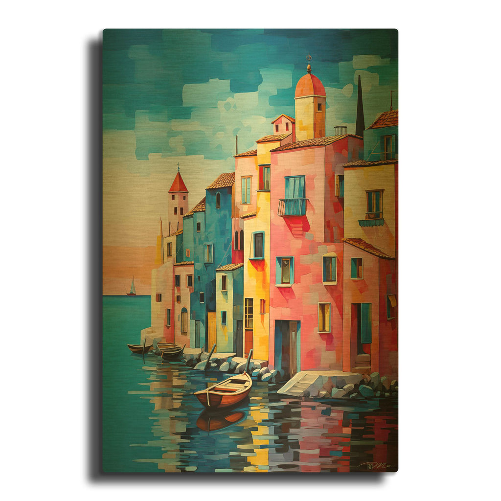 'Houses On The Sea' By Momart Gold Metal Wall Art