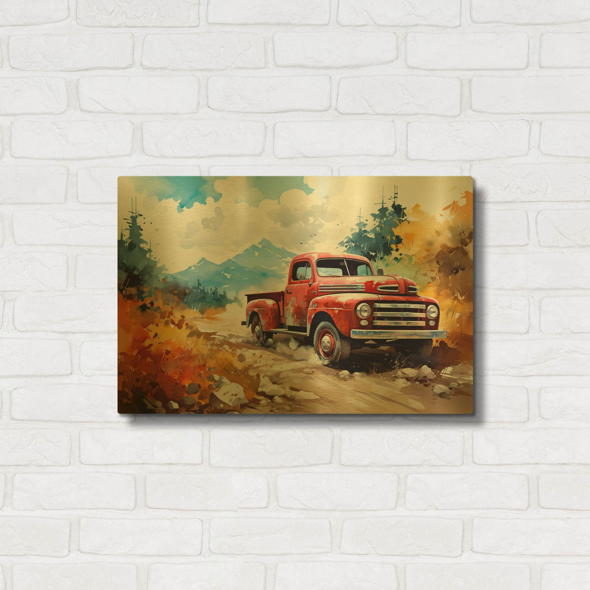 'Illustration Of A Red Van 1' By Momart Gold Metal Wall Art