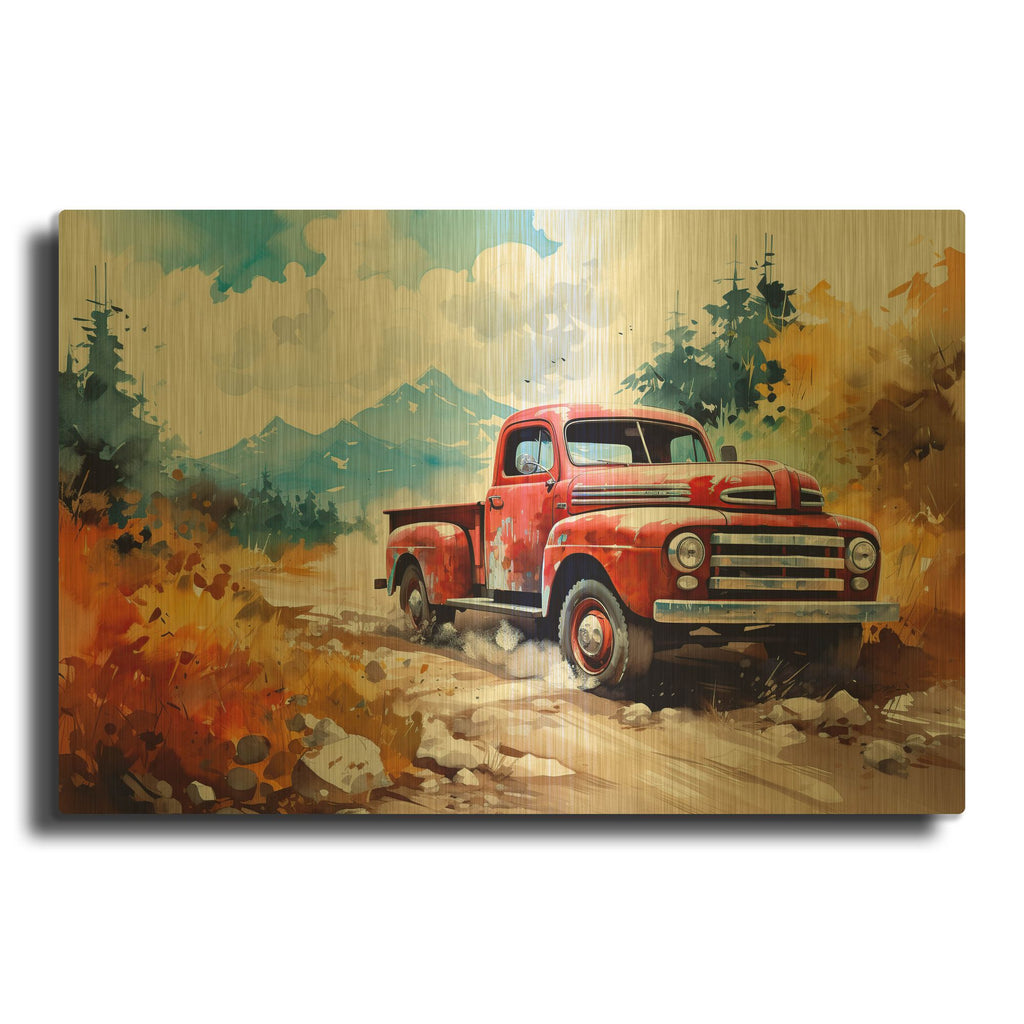 'Illustration Of A Red Van 1' By Momart Gold Metal Wall Art