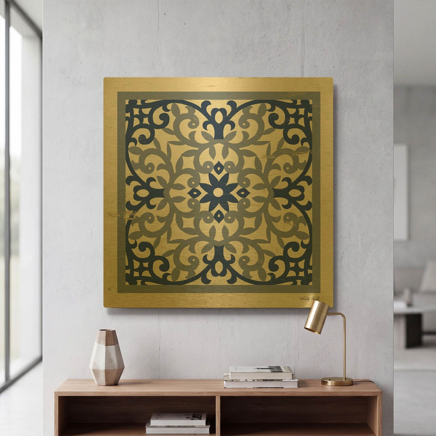 'Blue Tile V' By Cindy Jacobs Gold Metal Wall Art