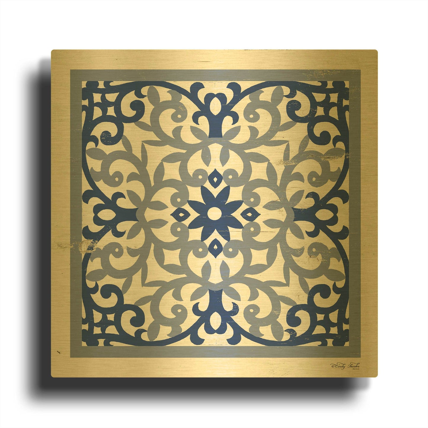 'Blue Tile V' By Cindy Jacobs Gold Metal Wall Art
