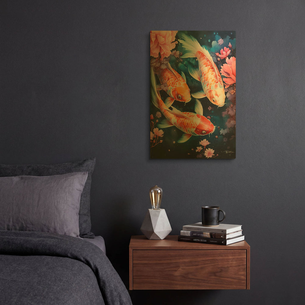 'Koi Carp And Peach Flowers' By Momart Gold Metal Wall Art