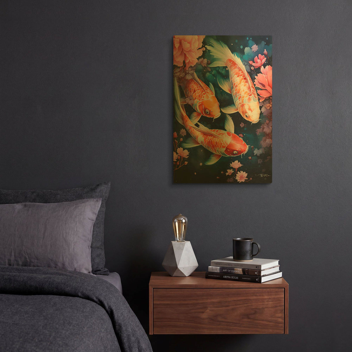 'Koi Carp And Peach Flowers' By Momart Gold Metal Wall Art