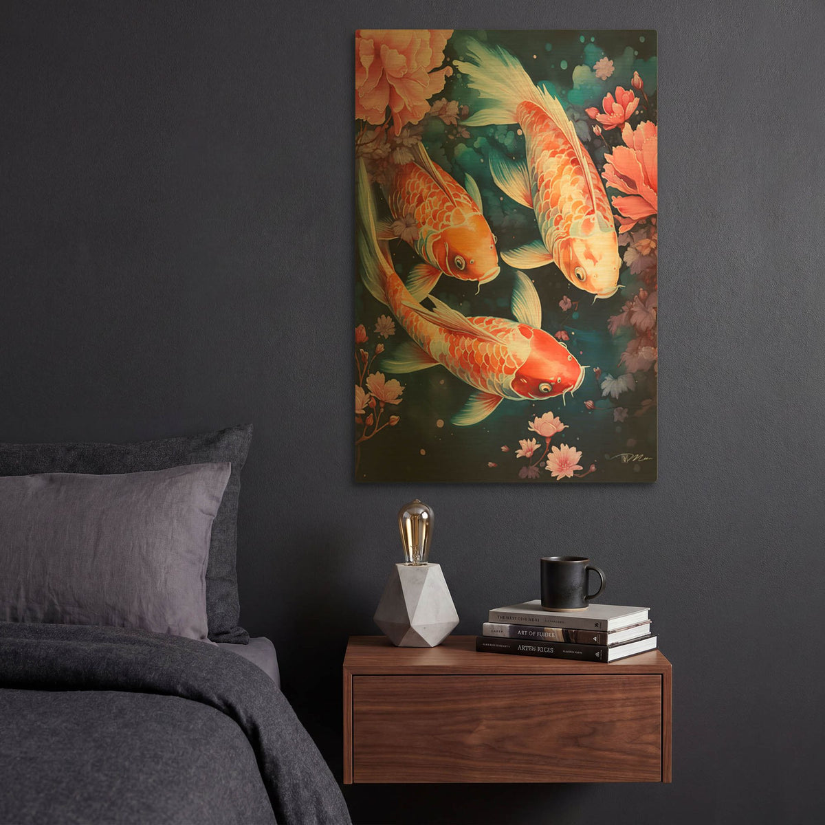 'Koi Carp And Peach Flowers' By Momart Gold Metal Wall Art