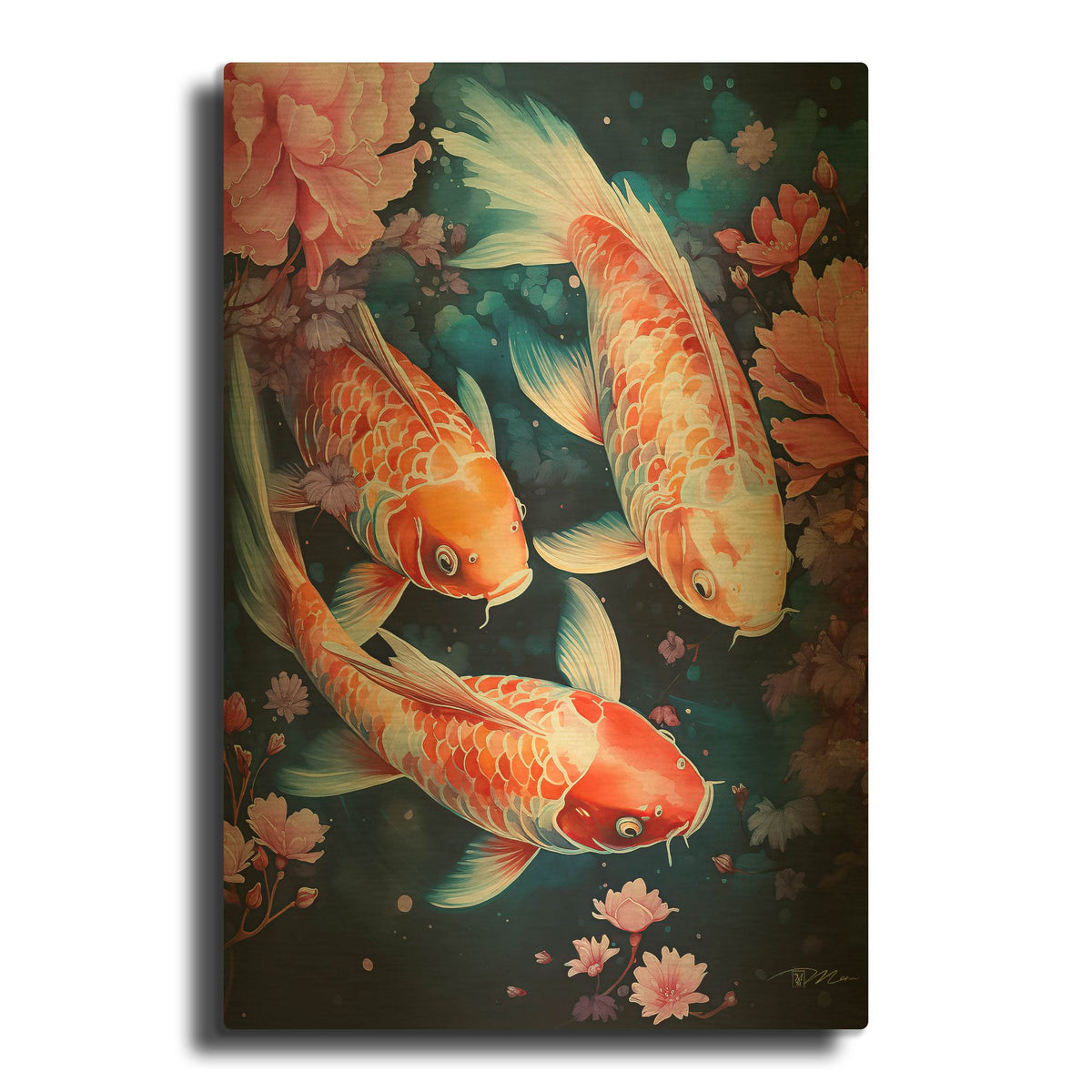 'Koi Carp And Peach Flowers' By Momart Gold Metal Wall Art