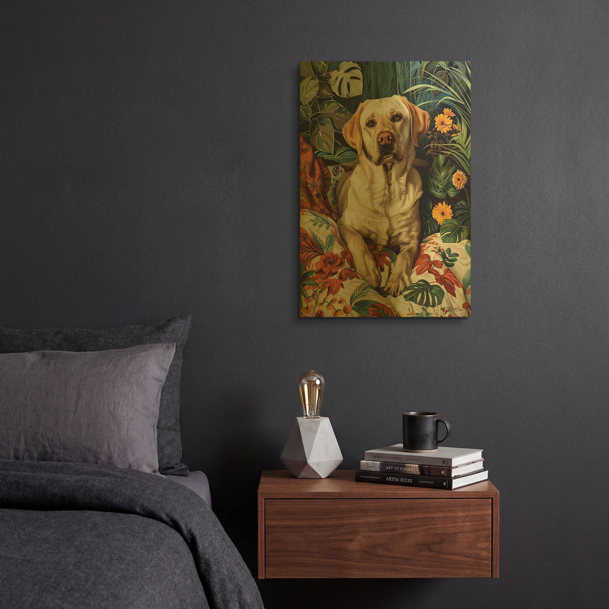 'Labrador Laying Between Plants 2' By Momart Gold Metal Wall Art