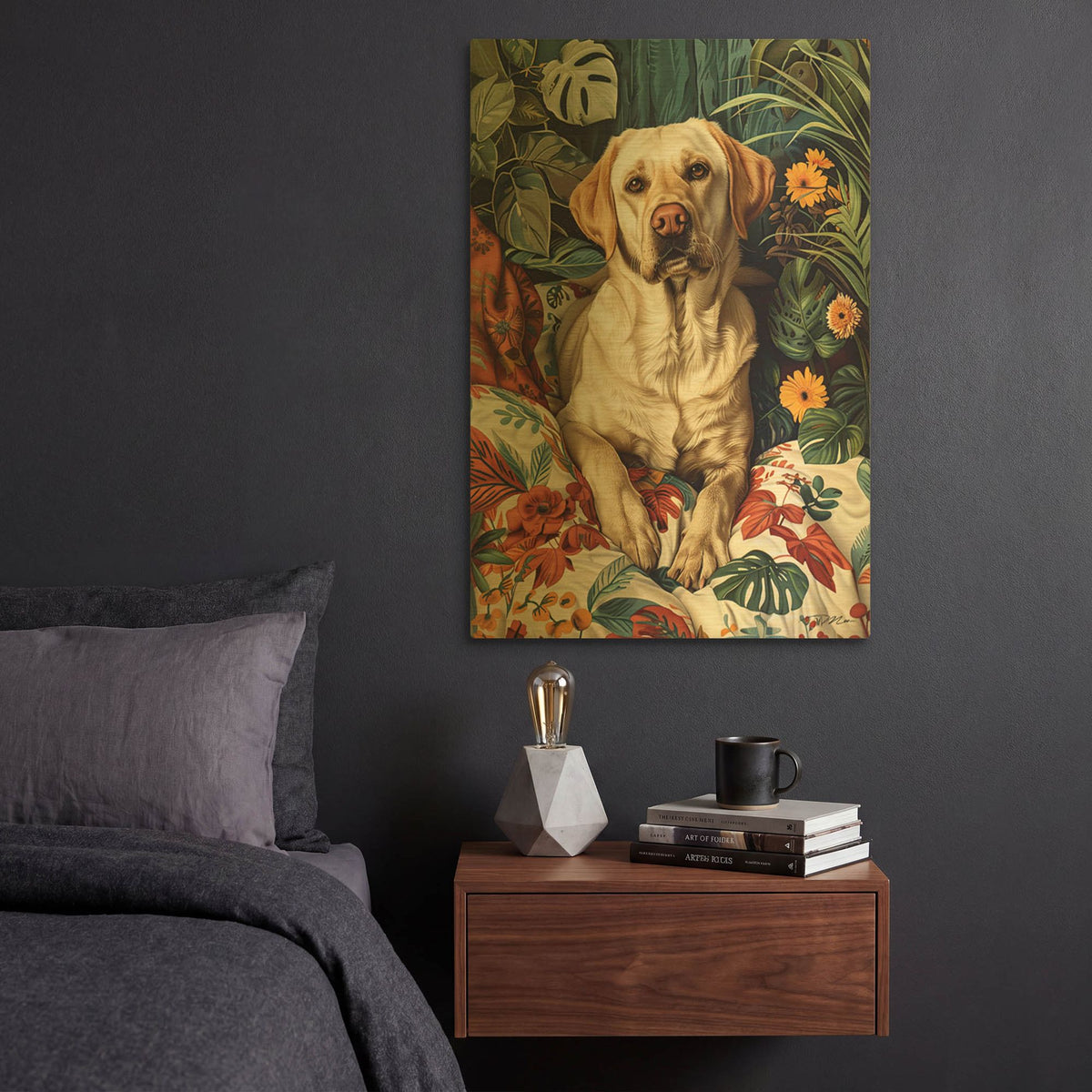 'Labrador Laying Between Plants 2' By Momart Gold Metal Wall Art