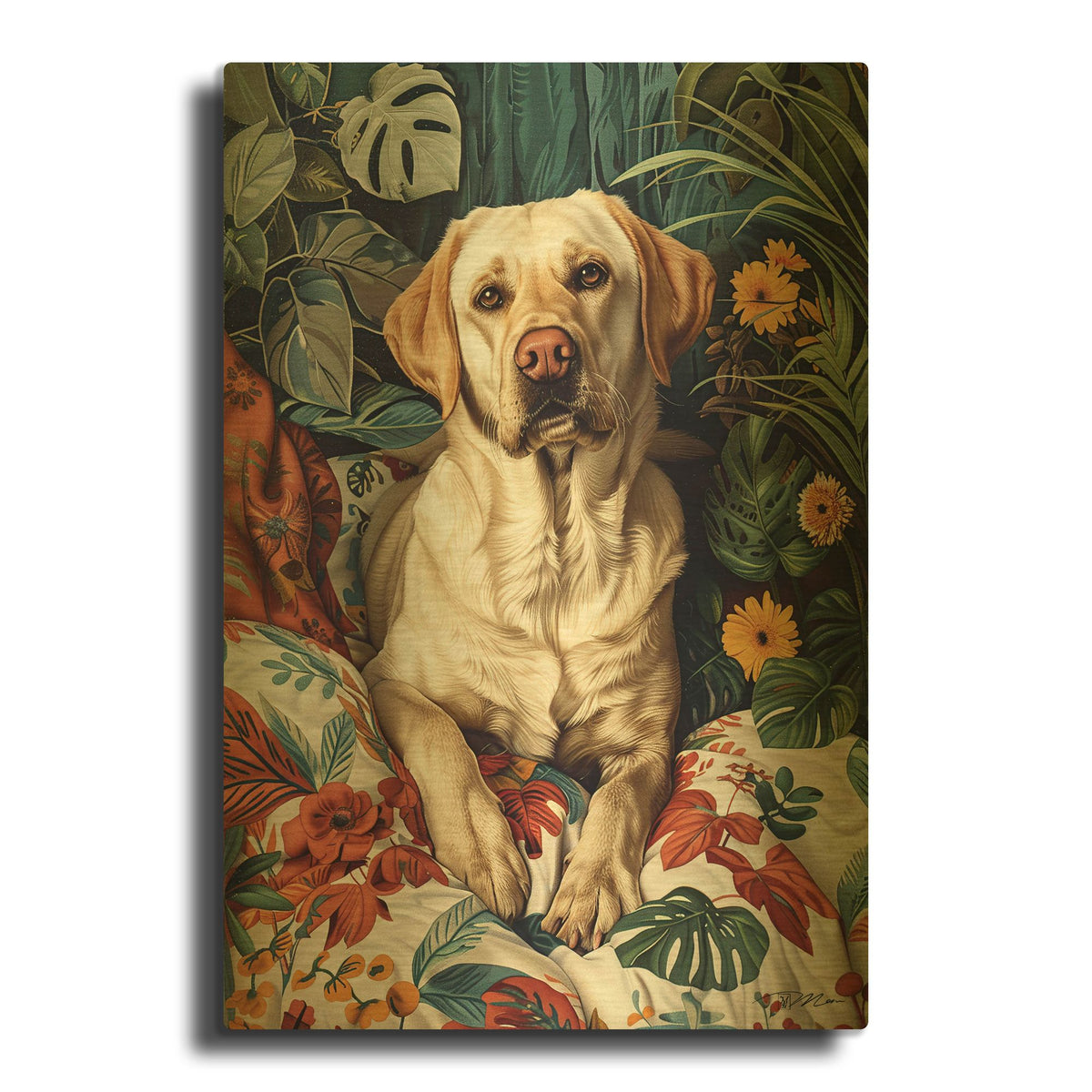 'Labrador Laying Between Plants 2' By Momart Gold Metal Wall Art