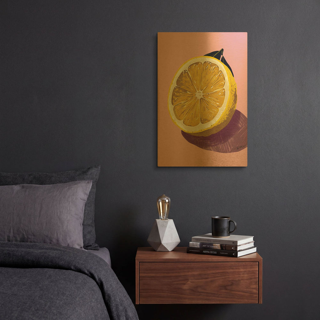 'Lemon Cut On Pink Background' By Momart Gold Metal Wall Art