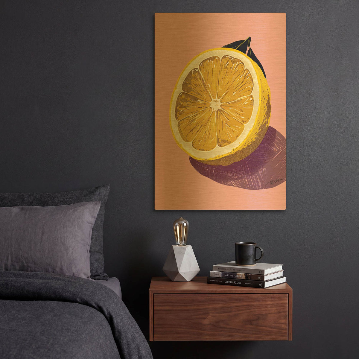 'Lemon Cut On Pink Background' By Momart Gold Metal Wall Art