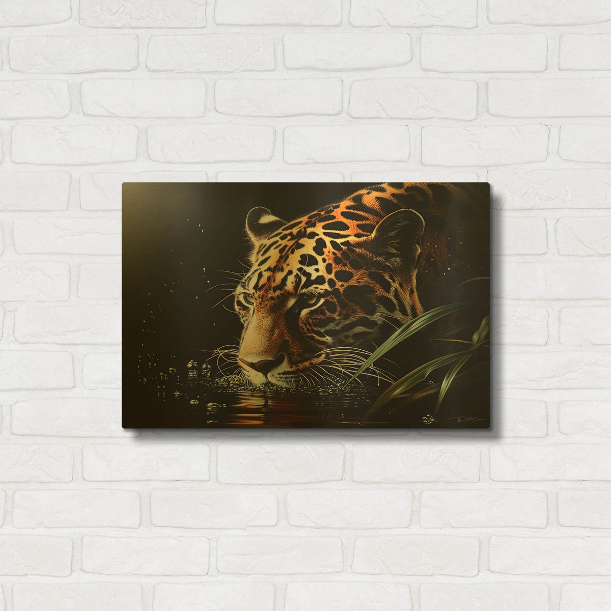 'Leopard In Water Lurking' By Momart Gold Metal Wall Art