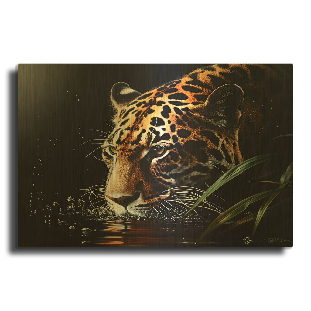 'Leopard In Water Lurking' By Momart Gold Metal Wall Art