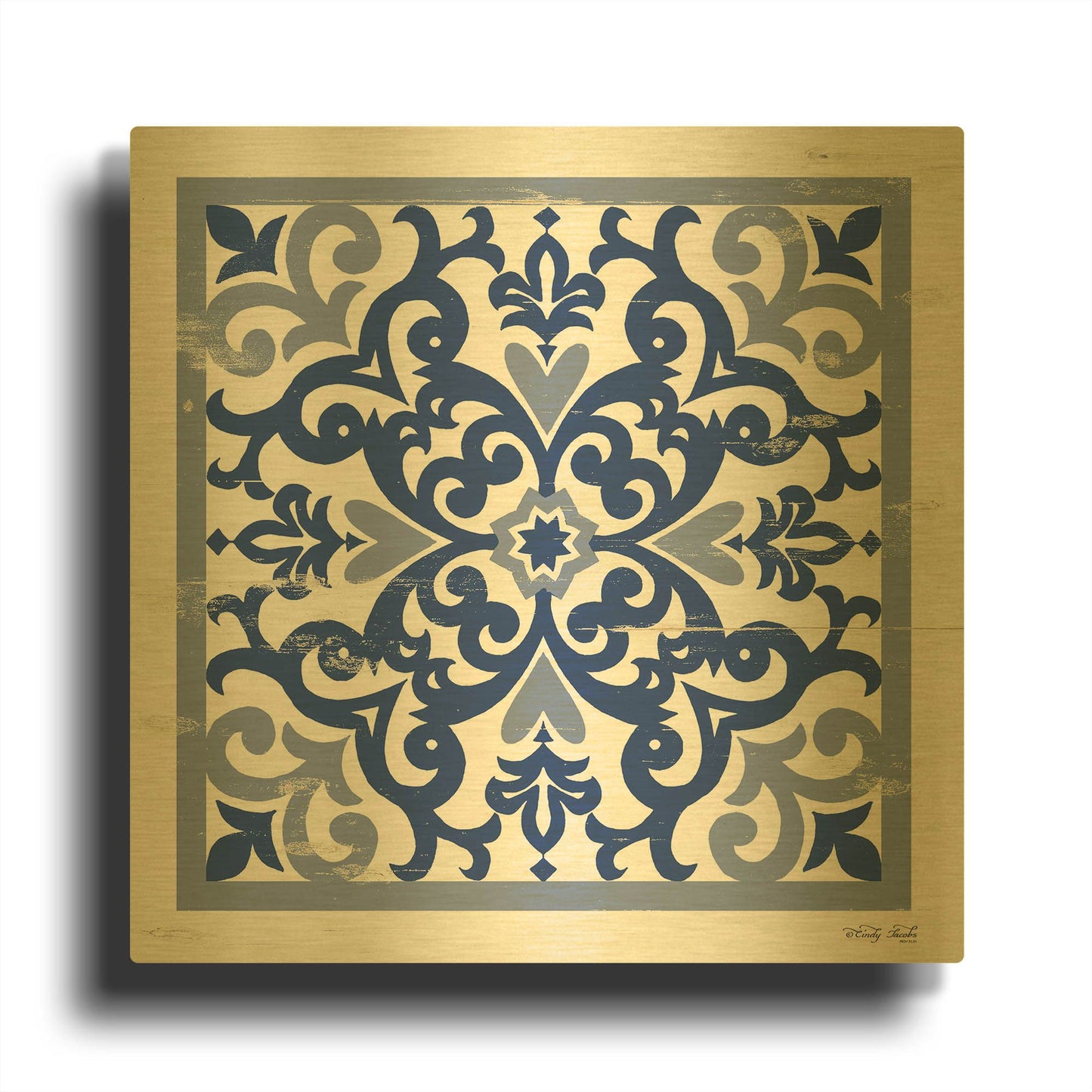'Blue Tile VI' By Cindy Jacobs Gold Metal Wall Art