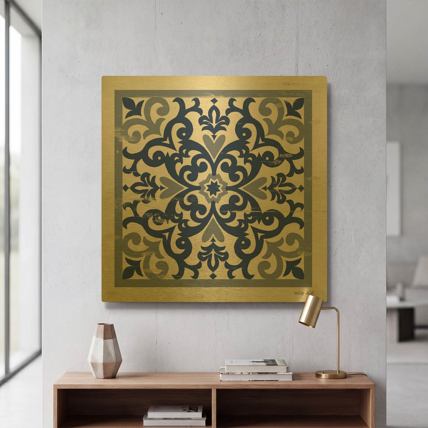 'Blue Tile VI' By Cindy Jacobs Gold Metal Wall Art