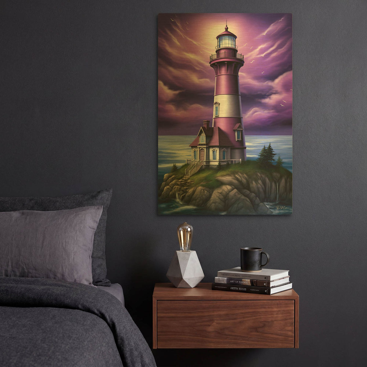 'Lighthouse Purple' By Momart Gold Metal Wall Art