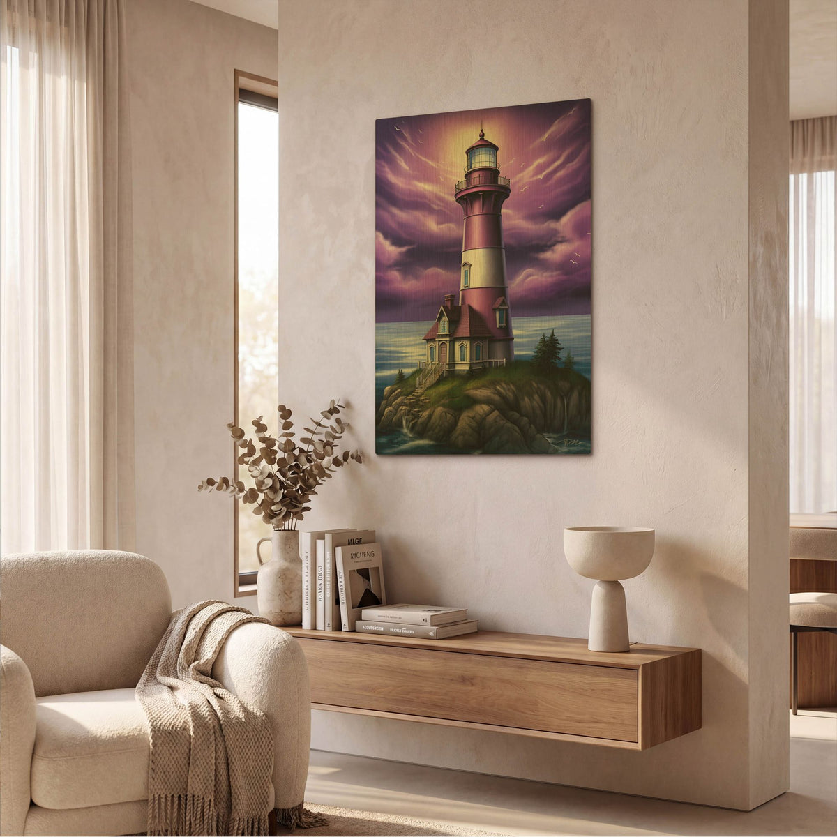 'Lighthouse Purple' By Momart Gold Metal Wall Art