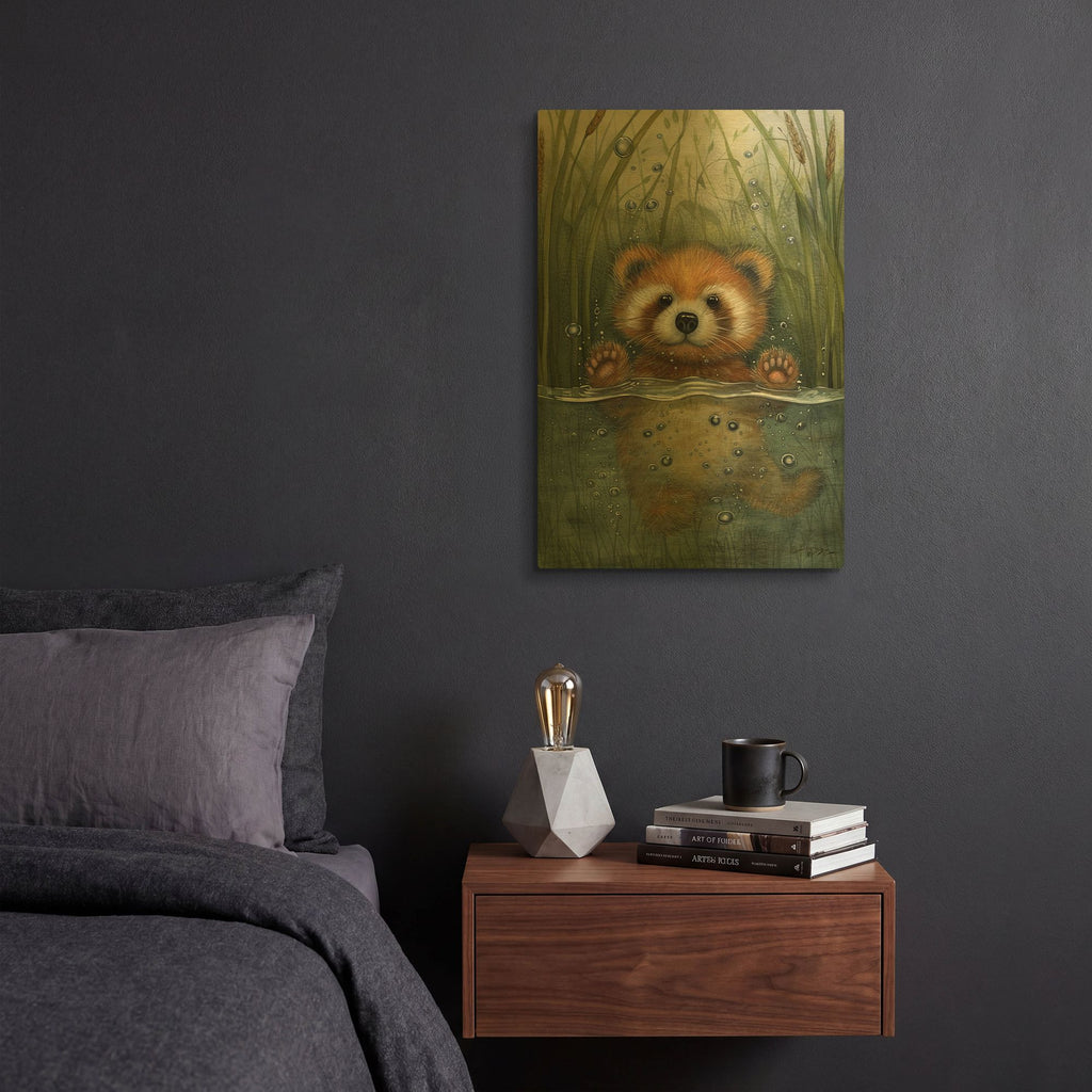 'Little Red Panda In The Water' By Momart Gold Metal Wall Art
