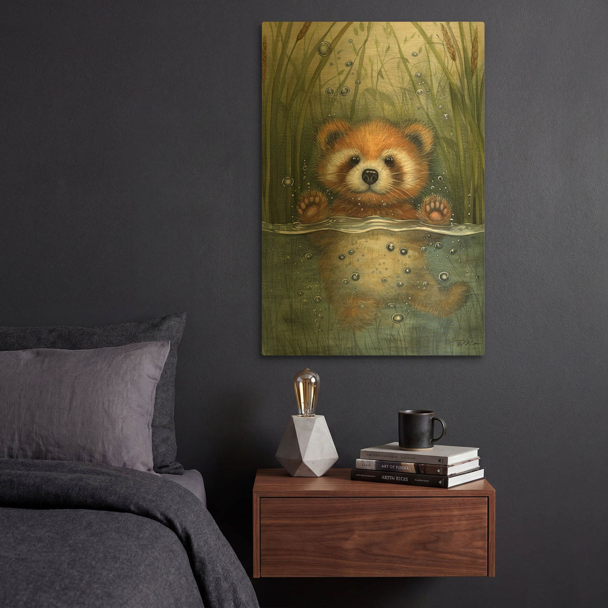 'Little Red Panda In The Water' By Momart Gold Metal Wall Art