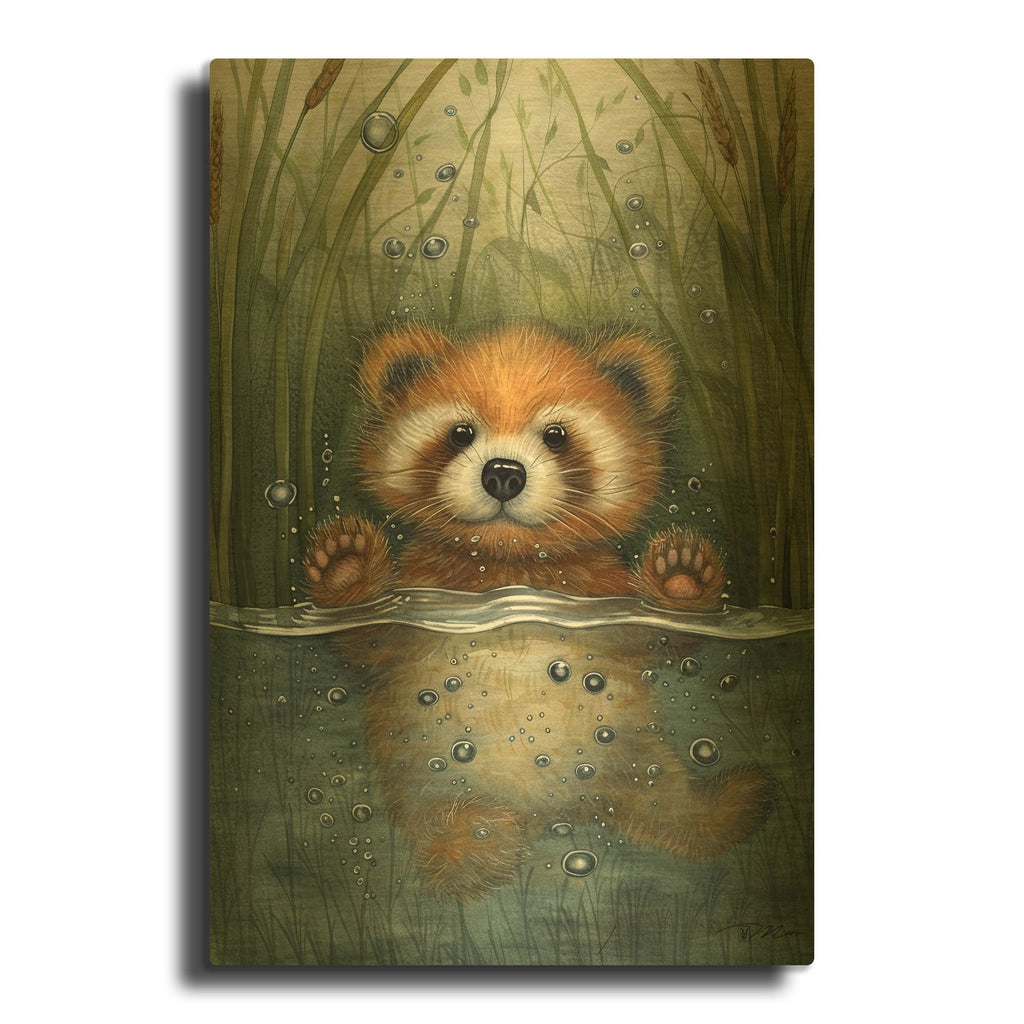 'Little Red Panda In The Water' By Momart Gold Metal Wall Art