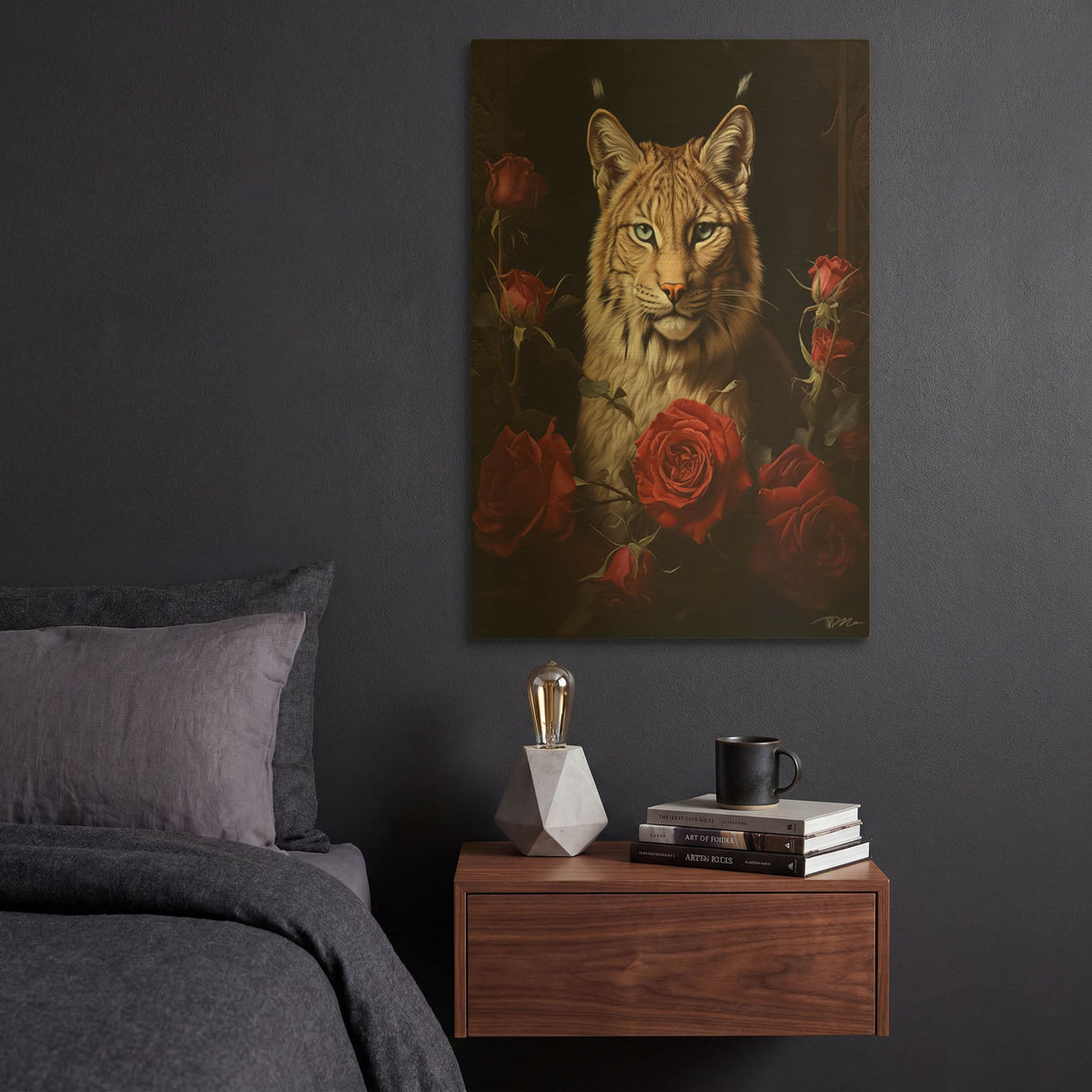 'Lynx Among The Roses' By Momart Gold Metal Wall Art