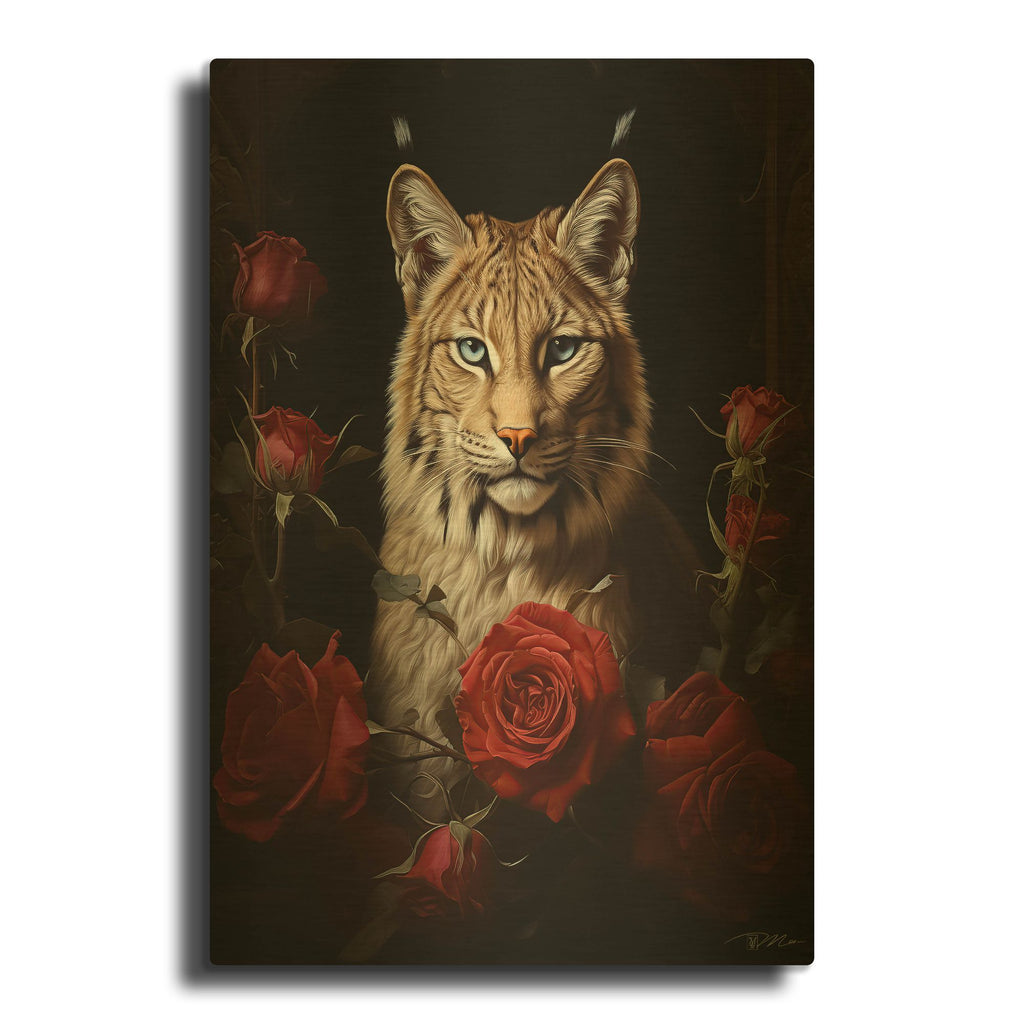 'Lynx Among The Roses' By Momart Gold Metal Wall Art