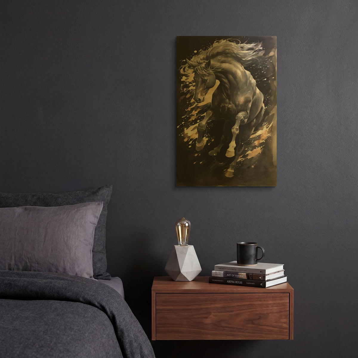 'Majestic Black Horse' By Momart Gold Metal Wall Art