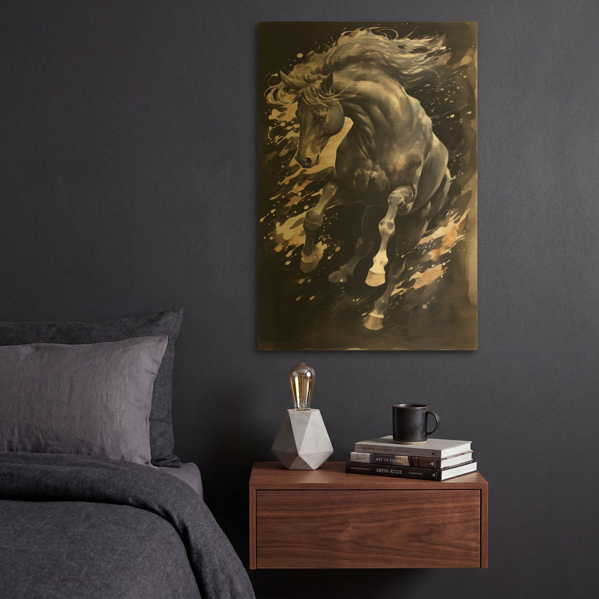 'Majestic Black Horse' By Momart Gold Metal Wall Art