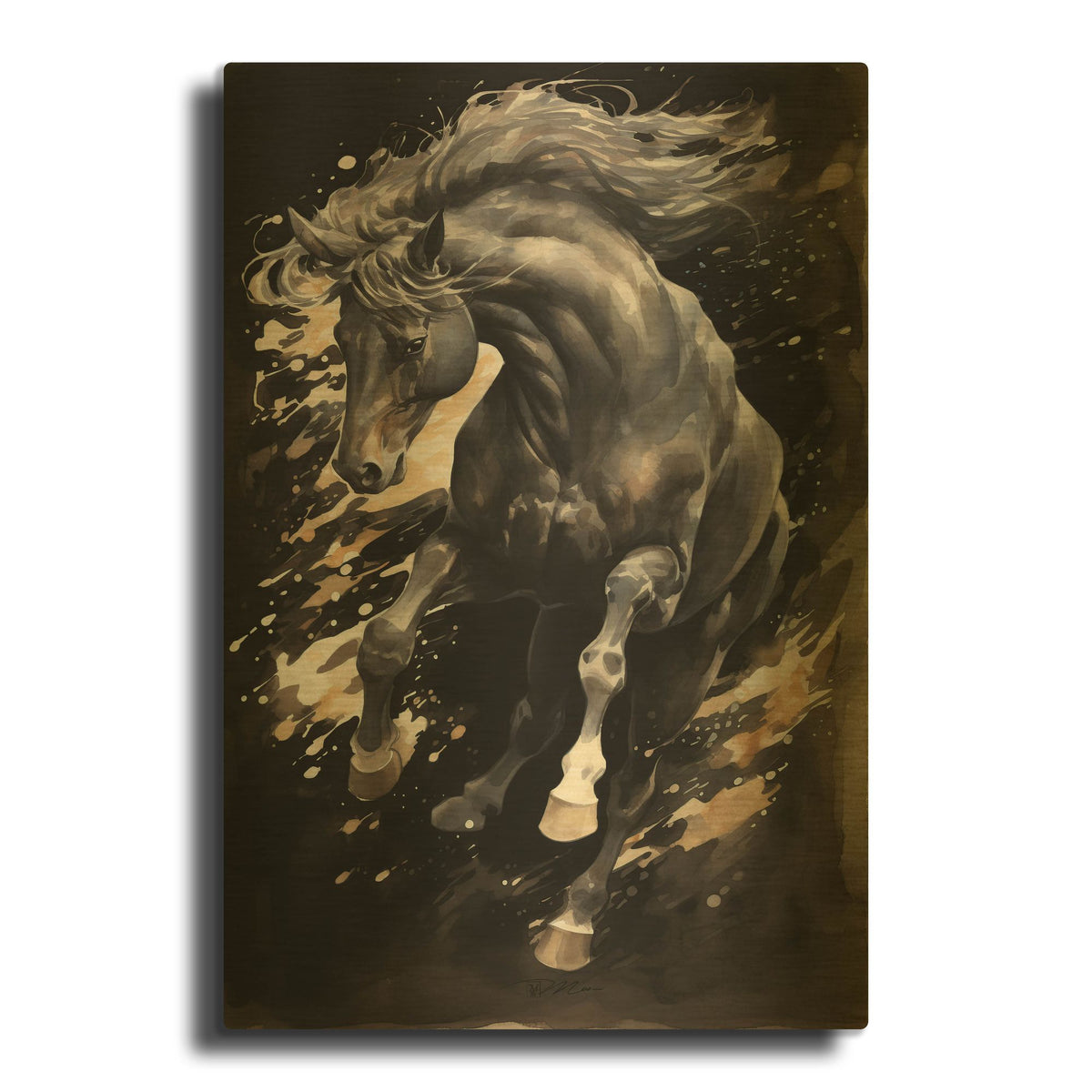 'Majestic Black Horse' By Momart Gold Metal Wall Art