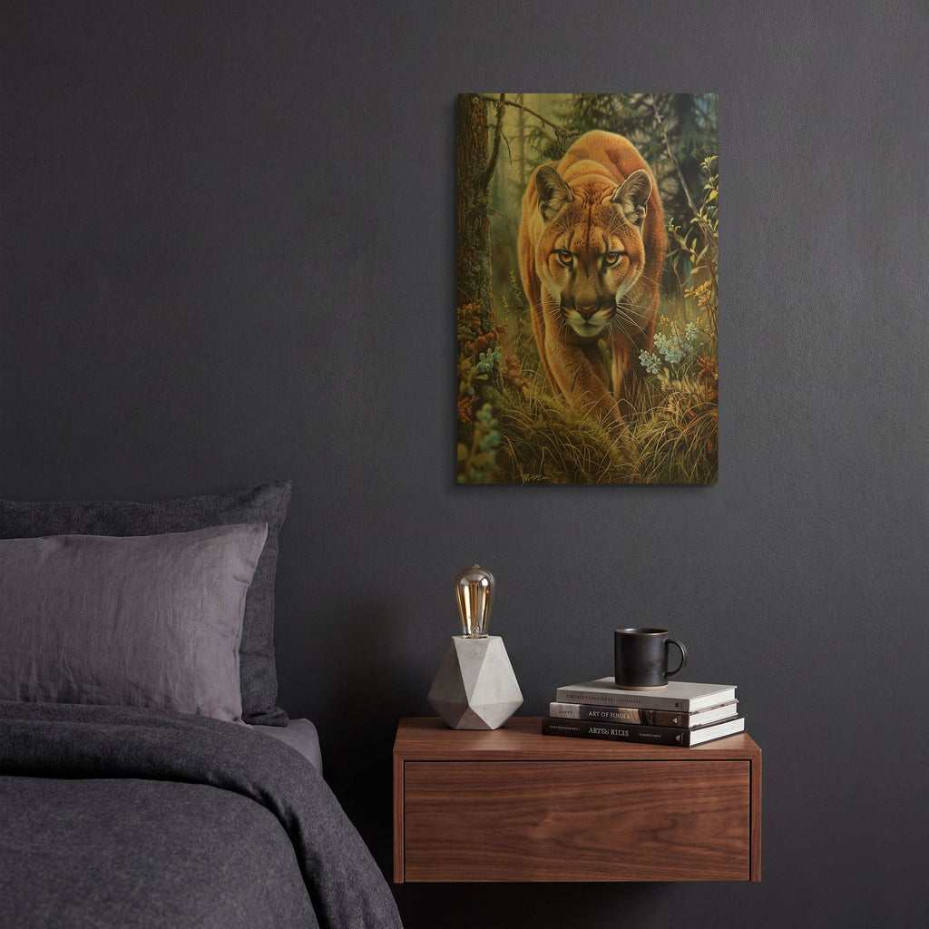 'Mountain Lion In The Forest 2' By Momart Gold Metal Wall Art