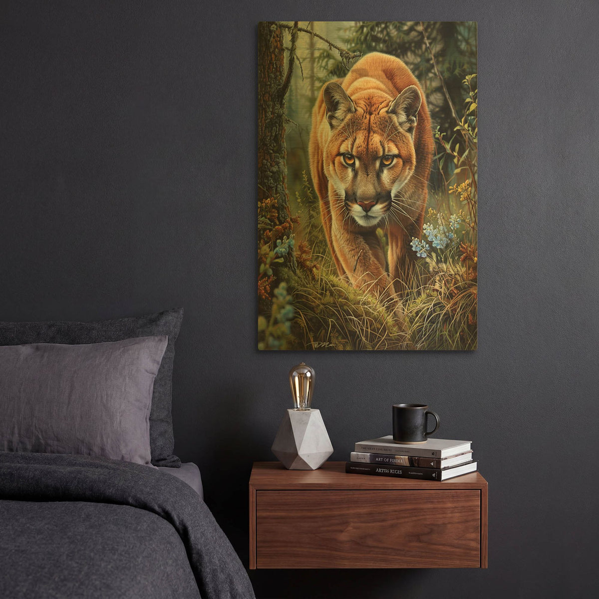 'Mountain Lion In The Forest 2' By Momart Gold Metal Wall Art