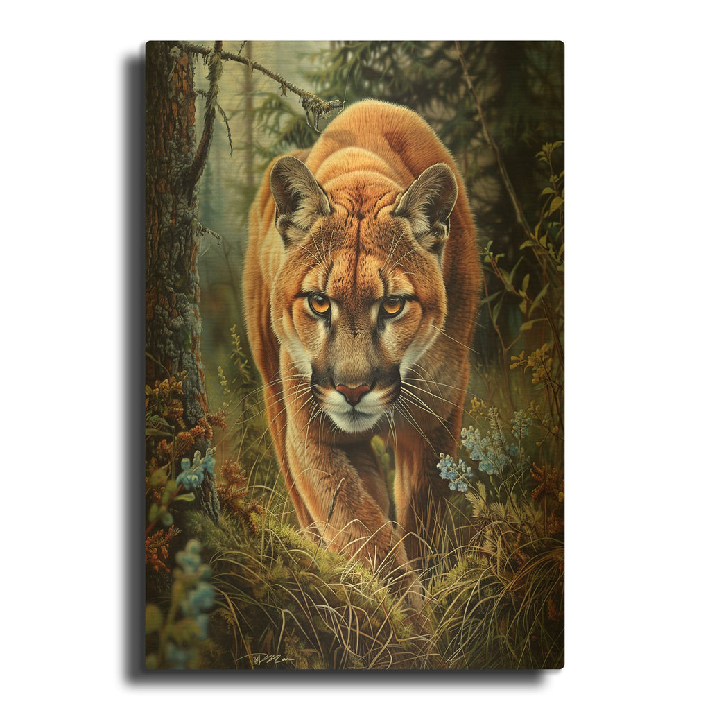 'Mountain Lion In The Forest 2' By Momart Gold Metal Wall Art