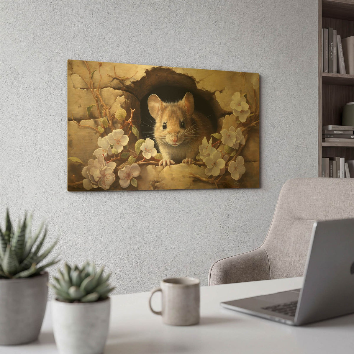 'Mouse In The Wall 4' By Momart Gold Metal Wall Art