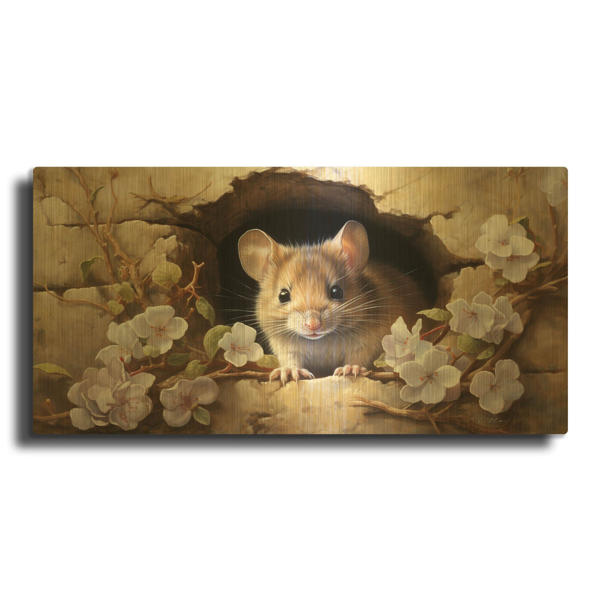 'Mouse In The Wall 4' By Momart Gold Metal Wall Art