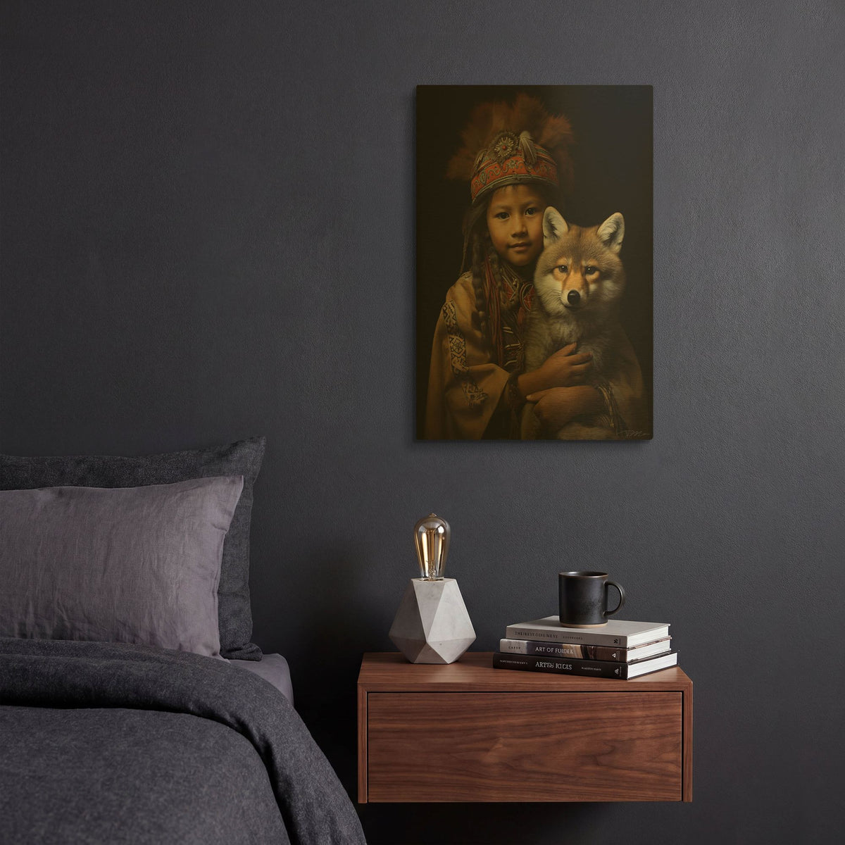 'Native American Child With Wolf Cub 2' By Momart Gold Metal Wall Art