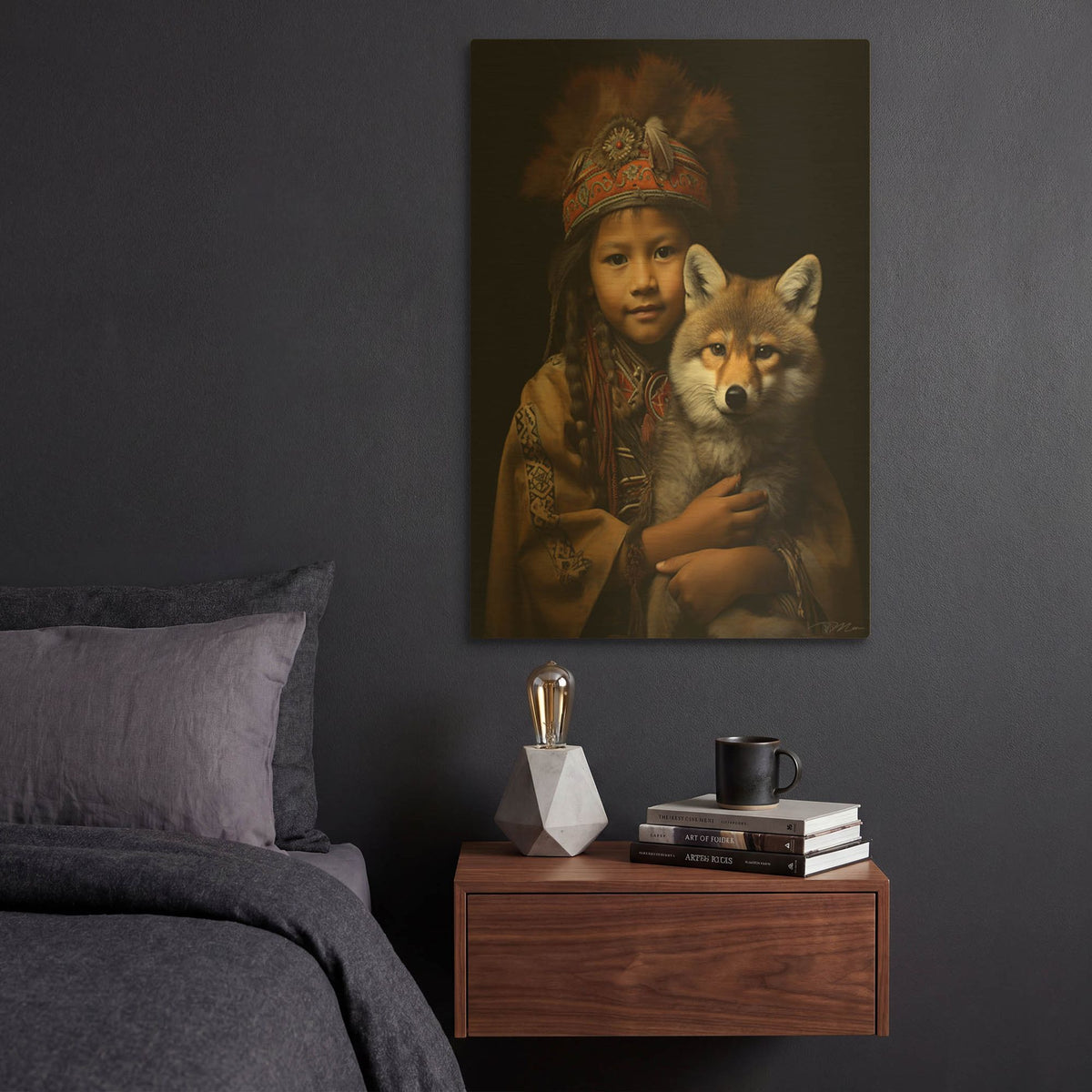 'Native American Child With Wolf Cub 2' By Momart Gold Metal Wall Art